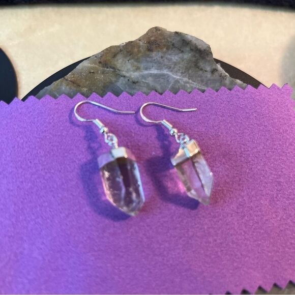 Clear Crystal Quartz Silvertone Point Earrings In Sterling Silver Hooks - Picture 7 of 11